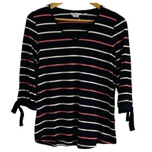 Sz.M-Striped V-Neck with Tie Sleeves at 3/4 lengths